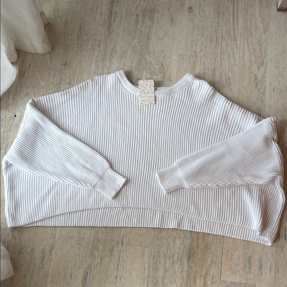Free People Cream Ribbed Crew Neck Sweater
